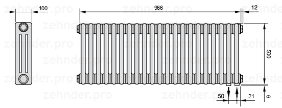 Схема (чертеж) Радиатор Zehnder Charleston 3050/21 №5510 Белый глянцевый RAL 9016